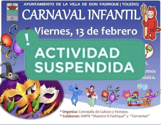 Suspendido el Carnaval Infantil hasta el lunes, 16 de febrero, por adversidades climatológicas CarnavalInfantil