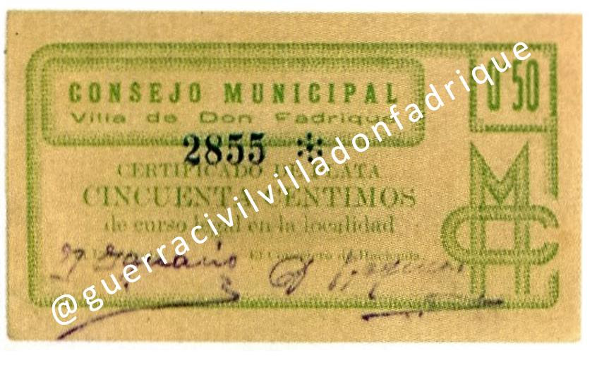 Imagen del billete que se emitió por el Ayuntamiento de La Villa de Don Fadrique en la Guerra Civil billeteguerrracivillavilladedonfadrique