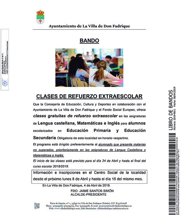 El 15 de abril termina el plazo para inscribirse en el Centro Social a las clases de refuerzo para alumnos de Primaria y Secundaria de La Villa de don Fadrique BANDO PROGRAMA PARTICIPA