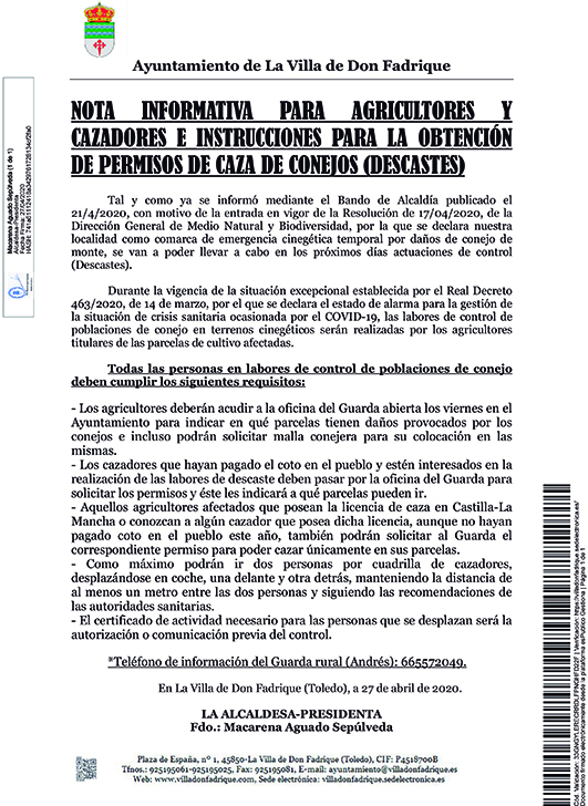 BandoLAS AUTORIZACIONES DE CAZA DE CONEJOS PARA CONTROL DE DAÑOS POR EMERGENCIA CINEGÉTICA TEMPORAL